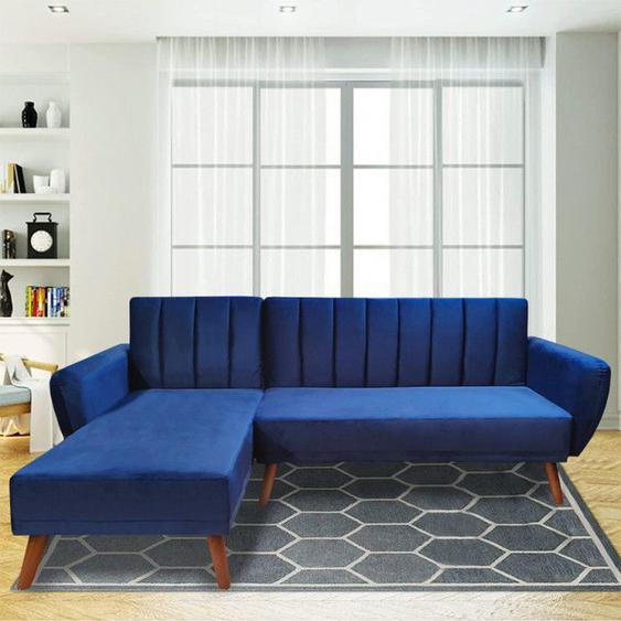 Canapé angle gauche convertible velours bleu et piètement bois - URSULE Meubletmoi