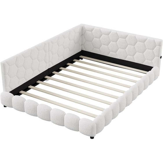 Canapé - Canapé convertible 140x200 cm - Lit double avec barrière de sécurité - Structure en bois - Revêtement en velours - Design scandinave minimaliste - Blanc