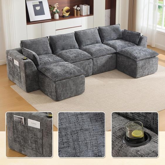Canapé chenille modulaire pour 4 personnes, avec 2 repose-pieds, coussins, porte-gobelets et poches latérales. Dimensions : 322 x 161 x 75 cm. Couleur : gris foncé