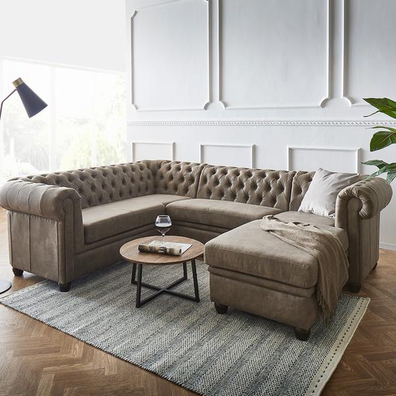 Canapé Chesterfield 266x200 cm taupe matelassé ottoman droite, Canapés panoramiques