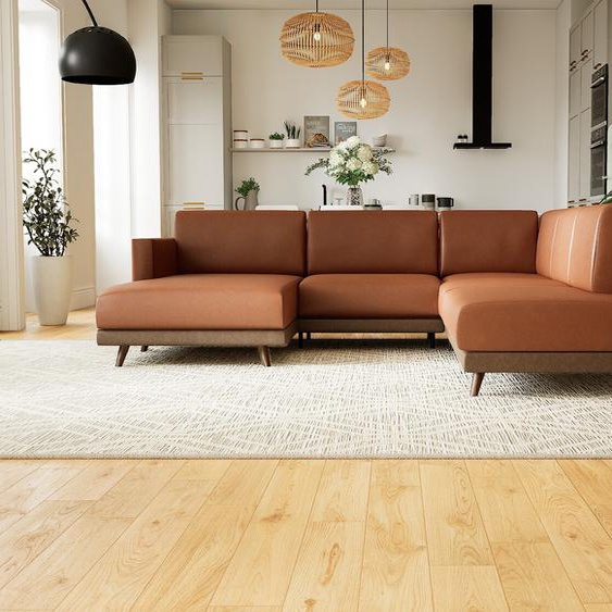 Canapé - Cognac, modèle épuré, canapé pour salon, en tissu avec pieds personnalisables - 254 x 75 x 267 cm, modulable