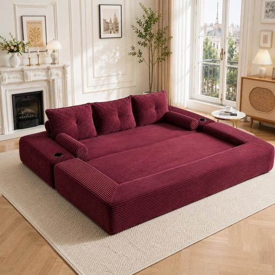 Canapé convertible 3 places, rembourrage haute densité, noyau à ressorts, coussins à mémoire de forme, poche latérale, porte-gobelets, couleur rouge vin, dimensions : 232 x 98 x 80 cm