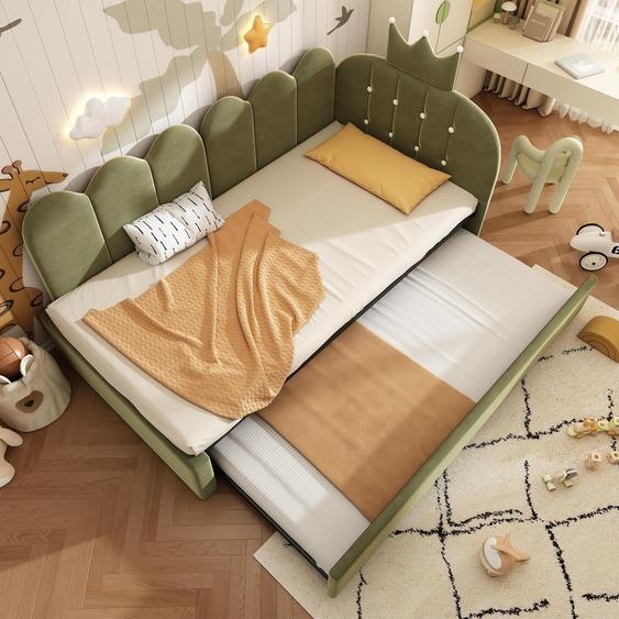 Canapé convertible 90x200 avec lit tiroir 90x190, lit simple, lit dappoint, forme en L, tissu velours vert, design à motifs géométriques, idéal pour une chambre denfant