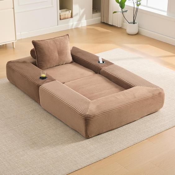 Canapé convertible Cord avec rembourrage en mousse haute densité, noyau à ressorts, poche latérale, porte-gobelets, dimensions : 122 x 98 x 80 cm, couleur : marron