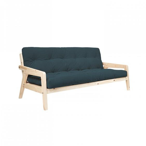 Canapé convertible futon GRAB pin naturel coloris bleu couchage 130 cm.