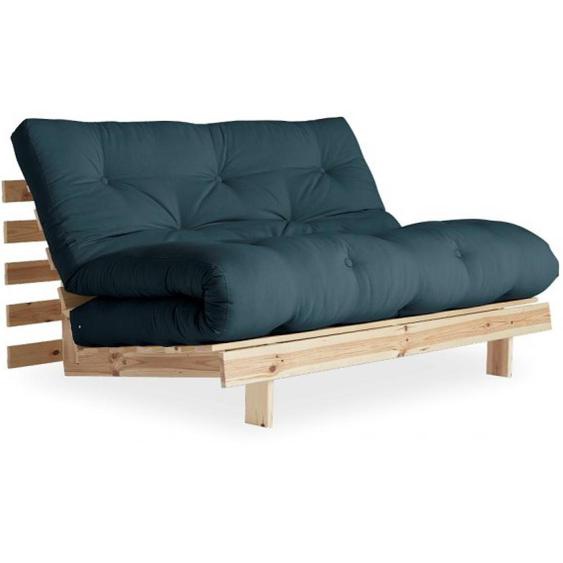 Canapé convertible futon ROOTS pin naturel coloris bleu pétrole couchage 140x200 cm.