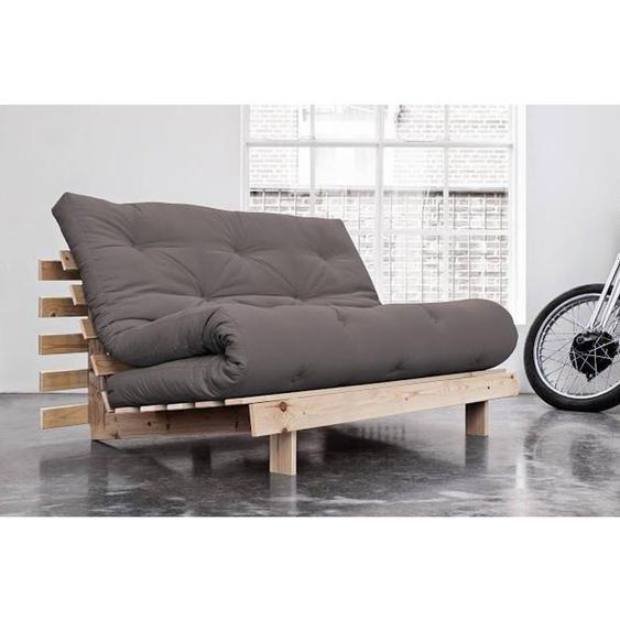 Canapé convertible futon RACINES pin naturel coloris gray couchage 140x200 cm.