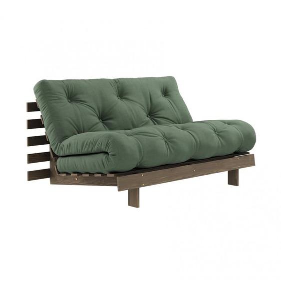 Canapé convertible futon ROOTS pin carob brown matelas olive green couchage 140*200 cm