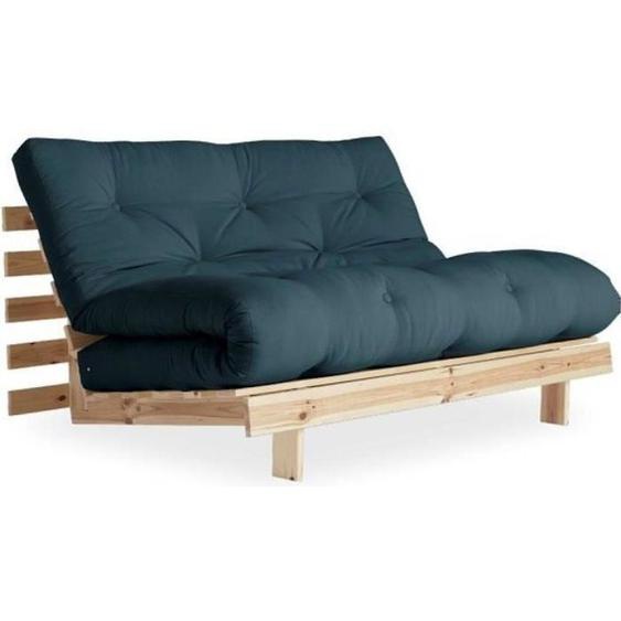 Canapé convertible futon ROOTS pin naturel coloris bleu pétrole couchage 140*200 cm. bleu Tissu Inside75