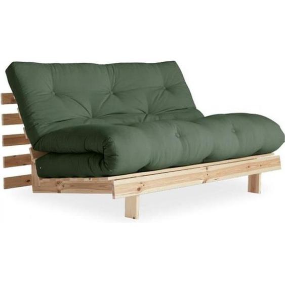 Canapé convertible futon ROOTS pin naturel coloris vert olive couchage 140*200 cm