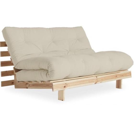 Canapé convertible futon ROOTS pin naturel tissu beige couchage 160x200 cm