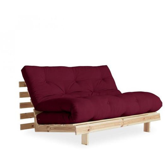 Canapé convertible futon ROOTS pin naturel tissu bordeaux couchage 160*200 cm