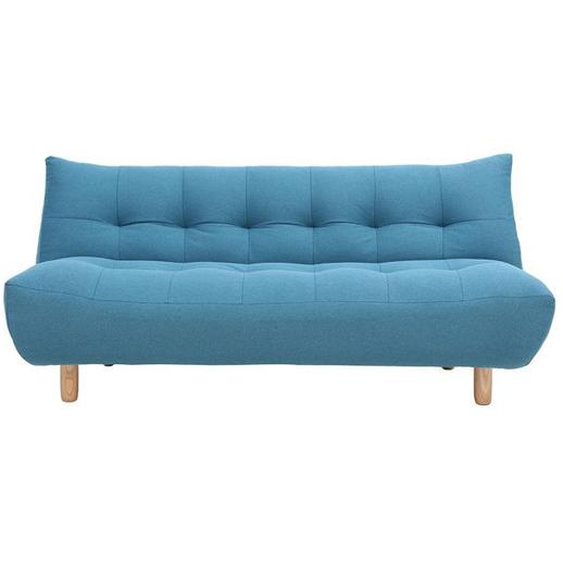 Canapé convertible scandinave 3 places en tissu bleu canard et bois clair YUMI