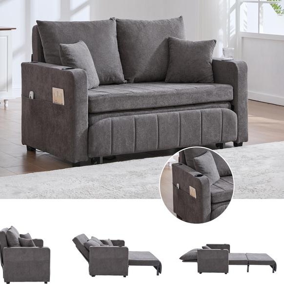 Canapé convertible, tissu chenille, avec port USB, porte-gobelets, poches de rangement, dimensions : 139 x 73 x 83 cm, couleur : gris