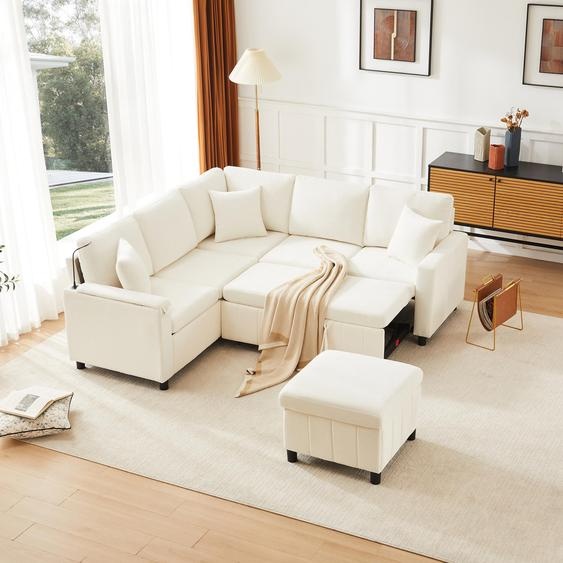 Canapé dangle 4 places Merax avec fonction couchage, canapé convertible, pouf, lampe de lecture, USB et Type-C, table avec porte-boissons, canapé en chenille, beige