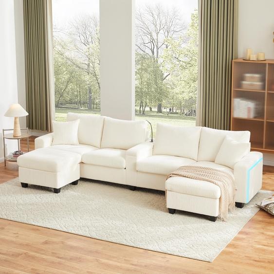 Canapé dangle 4 places Merax Canapé en forme de U en velours côtelé avec 2 tabourets, lampe de lecture, tablette rabattable, porte-boissons et USB/Type-C, éclairage LED, Soffa, beige