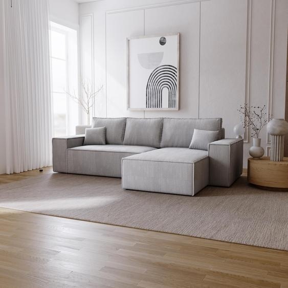 Canapé dangle avec fonction sommeil Bergamo L - Canapé 275 cm avec coffre de lit - droite, Canapé dangle en L, Canapé-lit, tissu velours côtelé gris clair (Poso 55)