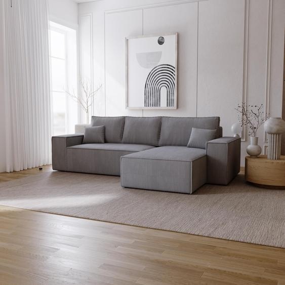 Canapé dangle avec fonction sommeil Bergamo L - Canapé 275 cm avec coffre de lit - droite, Canapé dangle en L, Canapé-lit, Tissu velours côtelé Gris (Poso 115)