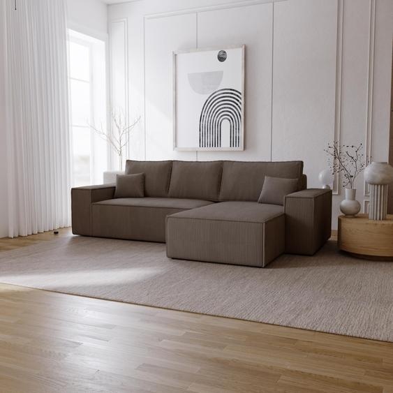 Canapé dangle avec fonction sommeil Bergamo L - Canapé 275 cm avec coffre de lit - droite, Canapé dangle en L, Canapé-lit, Tissu velours côtelé Marron (Poso 04)