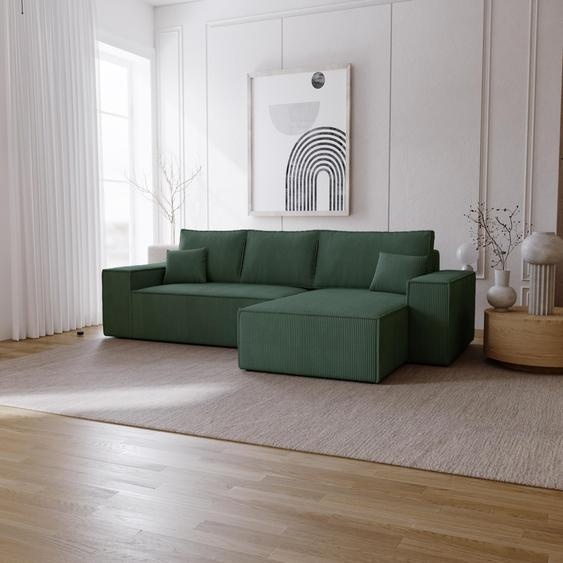 Canapé dangle avec fonction sommeil Bergamo L - Canapé 275 cm avec coffre de lit - droite, Canapé dangle en L, Canapé-lit, tissu velours côtelé vert (Poso 14)