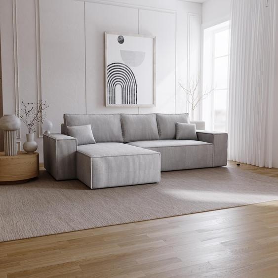 Canapé dangle avec fonction sommeil Bergamo L - Canapé 275 cm avec coffre de lit - gauche, Canapé dangle en L, Canapé-lit, Tissu velours côtelé gris clair (Poso 55)