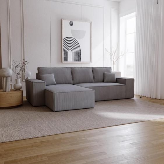 Canapé dangle avec fonction sommeil Bergamo L - Canapé 275 cm avec coffre de lit - gauche, Canapé dangle en L, Canapé-lit, Tissu velours côtelé Gris (Poso 115)