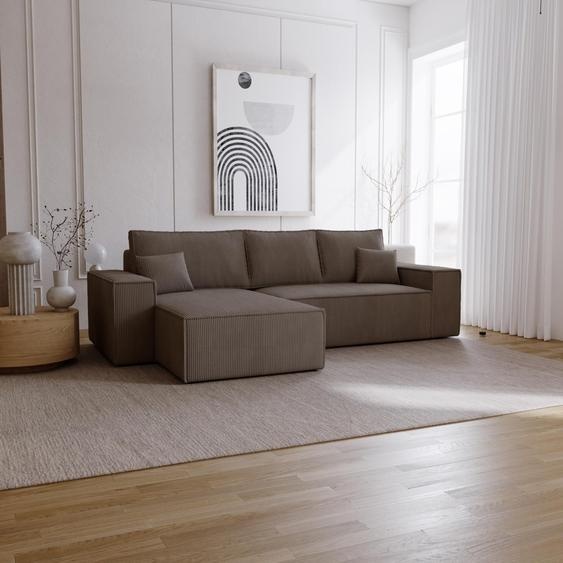 Canapé dangle avec fonction sommeil Bergamo L - Canapé 275 cm avec coffre de lit - gauche, Canapé dangle en L, Canapé-lit, Tissu velours côtelé Marron (Poso 04)