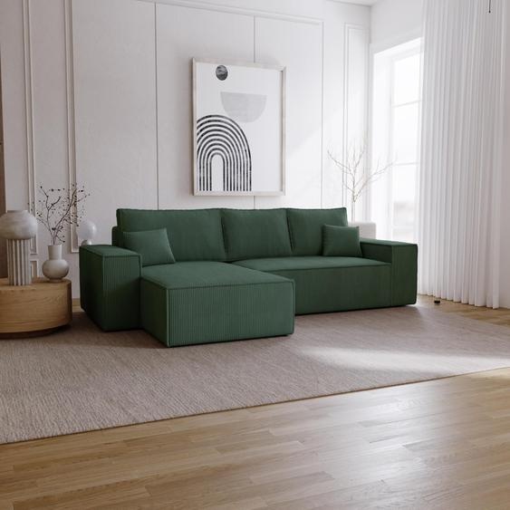 Canapé dangle avec fonction sommeil Bergamo L - Canapé 275 cm avec coffre de lit - gauche, Canapé dangle en L, Canapé-lit, Tissu velours côtelé vert (Poso 14)