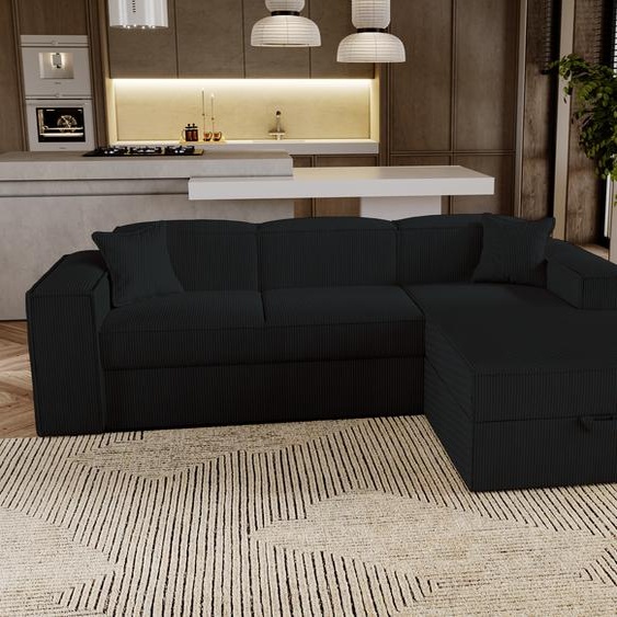 Canapé dangle avec fonction sommeil Santorini - Canapé 250 cm avec coffre de lit, Canapé dangle en L, Canapé-lit Ensemble - droite - Noir & Poso 135