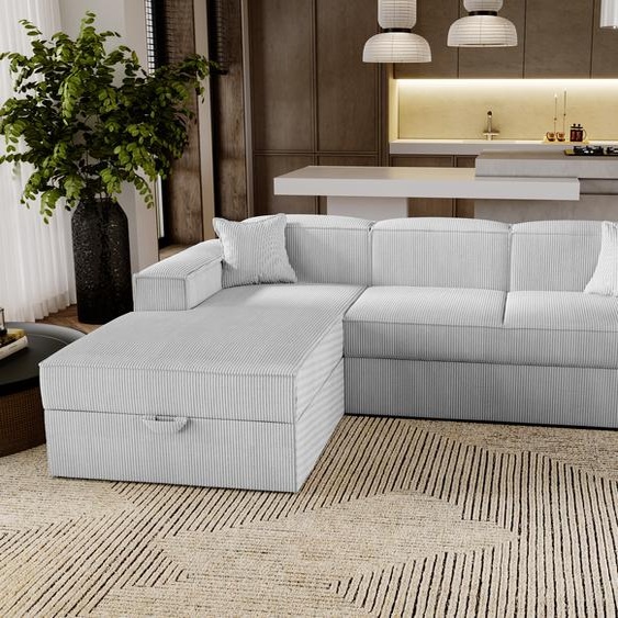 Canapé dangle avec fonction sommeil Santorini - Canapé 250 cm avec coffre de lit, Canapé dangle en L, Canapé-lit Salon - Gauche - Gris & Poso 110