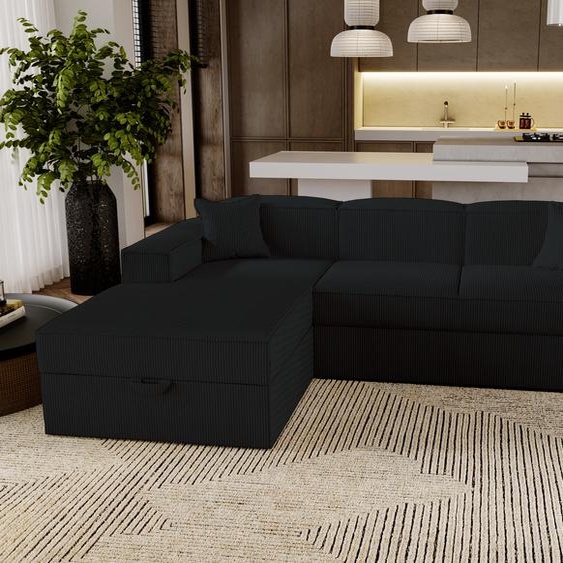 Canapé dangle avec fonction sommeil Santorini - Canapé 250 cm avec coffre de lit, Canapé dangle en L, Canapé-lit Salon - Gauche - Noir & Poso 135