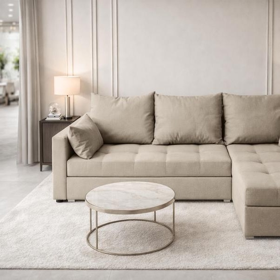 Canapé dangle AX LIVING ELIF beige avec fonction couchage, forme en L, canapé avec coffre de rangement - Canapé dangle moderne, canapé dangle pour salon - Canapé dangle beige - Droite