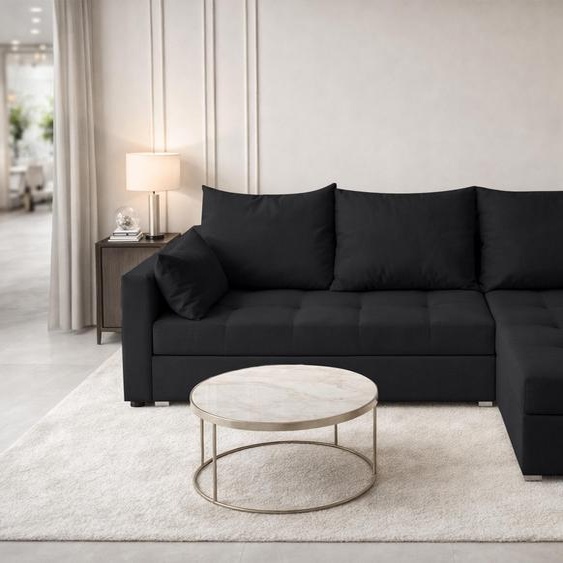 Canapé dangle AX LIVING ELIF noir avec fonction couchage, forme en L, canapé avec coffre de rangement - Canapé dangle moderne, canapé dangle pour salon - Canapé dangle noir - Droite