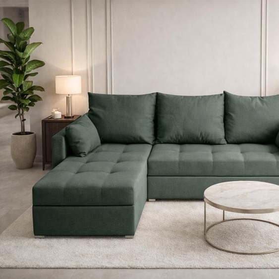 Canapé dangle AX LIVING ELIF vert avec fonction couchage, forme en L, canapé avec coffre de rangement - Canapé dangle moderne, canapé dangle pour salon - Canapé dangle vert - Gauche