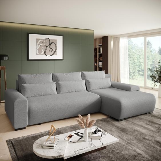 Canapé dangle Benny L avec fonction sommeil & coffre de lit - Tissu Bouckle en gris - Ottomane à droite - Canapé rembourré moderne