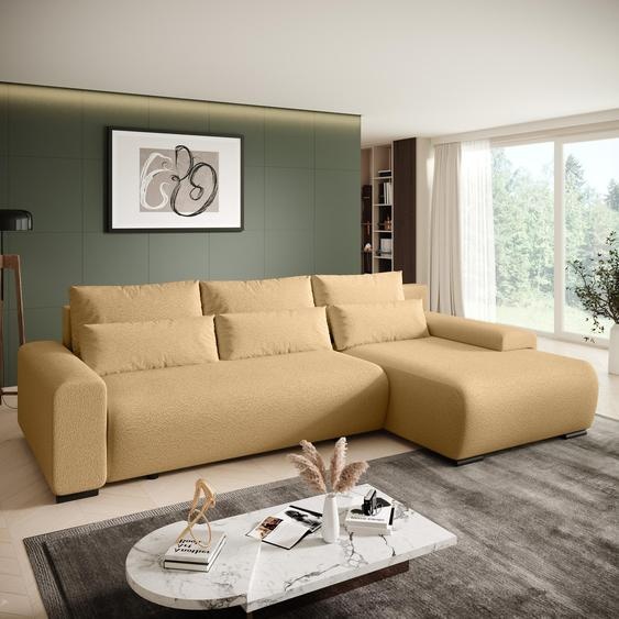 Canapé dangle Benny L avec fonction sommeil & coffre de lit - Tissu Bouckle en jaune - Ottomane à droite - Canapé rembourré moderne