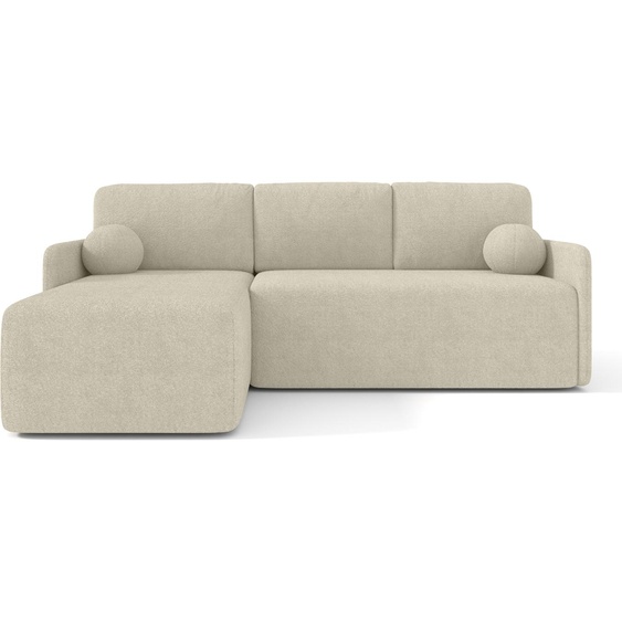 Canapé dangle BOOLE, canapé dangle en L avec fonction sommeil et coffre de lit, couleur : beige, tissu bouclé, ottomane universelle