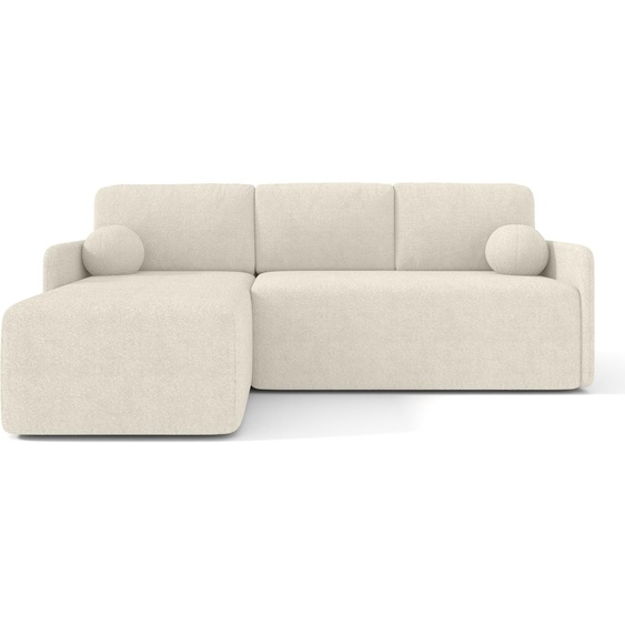 Canapé dangle BOOLE, canapé dangle en L avec fonction sommeil et coffre de lit, couleur : blanc, tissu bouclé, ottomane universelle