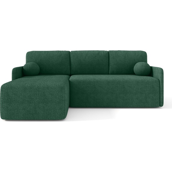 Canapé dangle BOOLE, Canapé dangle en L avec fonction sommeil et coffre de lit, couleur : vert, tissu bouclé, ottomane universelle