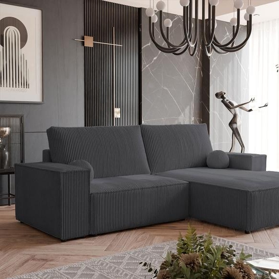 Canapé dangle capitonné HUGO avec fonction sommeil et coffre de lit Canapé dangle en L Salon Canapé avec coffre de lit Canapé droit Poso 34 Gris