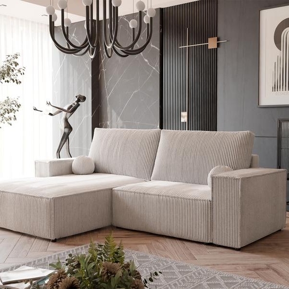 Canapé dangle capitonné HUGO avec fonction sommeil et coffre de lit Canapé dangle en L Salon Canapé avec coffre de lit Canapé gauche Poso 100 Beige