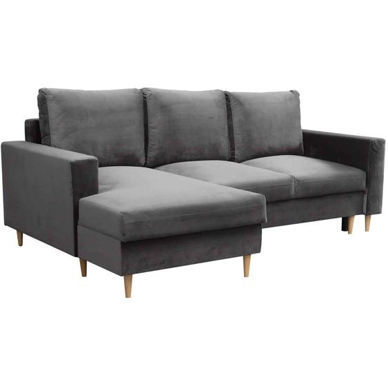 Canapé dangle en forme de L dans le style scandinave DAVE, canapé dangle avec fonction de couchage et armoire-lit, canapé dangle avec pieds en bois (tissu : fancy 20 - gris, ottoman : à gauche).