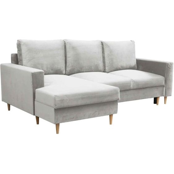 Canapé dangle en forme de L dans le style scandinave DAVE, canapé dangle avec fonction de couchage et armoire-lit, canapé dangle avec pieds en bois (tissu : fancy 83 - gris clair, ottoman : à gauche).