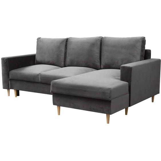 Canapé dangle en forme de L dans le style scandinave DAVE, canapé dangle avec fonction de couchage et armoire-lit, canapé dangle sur pieds en bois (tissu : fancy 20 - gris, ottoman : à droite).