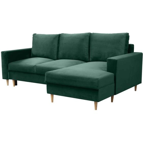 Canapé dangle en forme de L dans le style scandinave DAVE, canapé dangle avec fonction de couchage et armoire-lit, canapé dangle sur pieds en bois (tissu : fancy 36 - vert, ottoman : à droite).