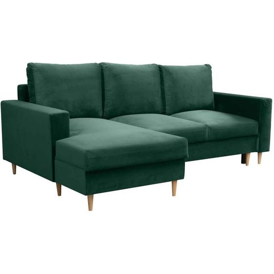 Canapé dangle en forme de L dans le style scandinave DAVE, canapé dangle avec fonction de couchage et armoire-lit, canapé dangle sur pieds en bois (tissu : fancy 36 - vert, ottoman : à gauche).