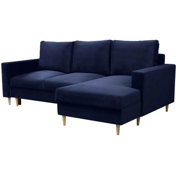 Canapé dangle en forme de L dans le style scandinave DAVE, canapé dangle avec fonction de couchage et armoire-lit, canapé dangle sur pieds en bois (tissu : fancy 79 - bleu foncé, ottoman : à droite)