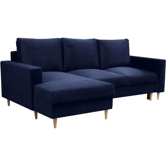 Canapé dangle en forme de L dans le style scandinave DAVE, canapé dangle avec fonction de couchage et armoire-lit, canapé dangle sur pieds en bois (tissu : fancy 79 - bleu foncé, ottoman : à gauche).