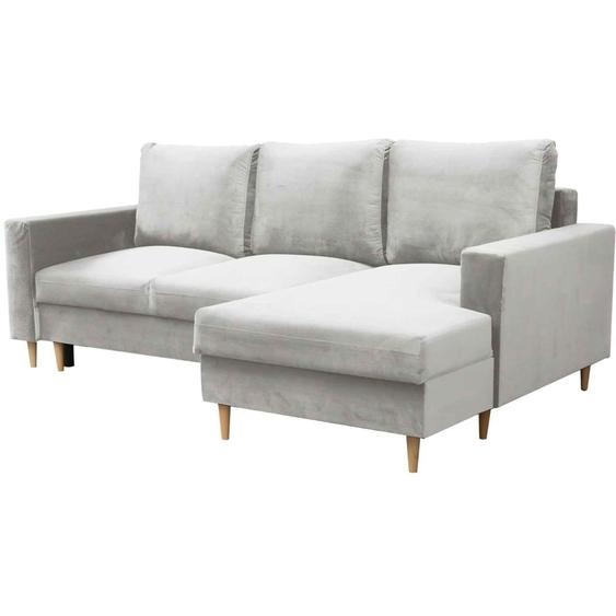 Canapé dangle en forme de L dans le style scandinave DAVE, canapé dangle avec fonction de couchage et armoire-lit, canapé dangle sur pieds en bois (tissu : fancy 83 - gris clair, ottoman : à droite).