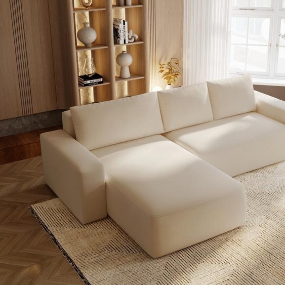 Canapé dangle en L Aldo - Canapé dangle avec coffre de lit, fonction sommeil - Canapé dangle 250 cm gauche (Crème - Komodo 10)